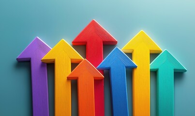 Colorful arrows pointing upward, arranged in a pattern on a blue background with copy space