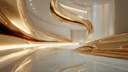 Stunning luxury architectural interior design featuring sweeping golden liquid forms and elegant modern lighting