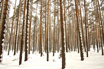 Serene winter landscape  a frozen forest adorned with snow covered trees in nature s embrace