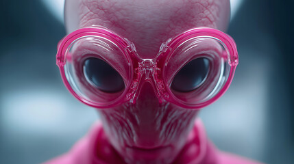 Rosa außerirdisches Wesen mit großen glühenden Augen vor unscharfem Hintergrund