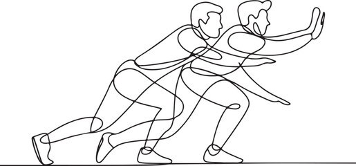 Continuous line art illustration of a team leaning forward ready to defend in minimal contour drawing