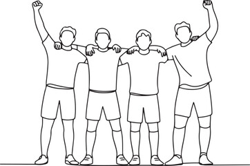 Continuous line art illustration of teammates shouting in celebration in minimal contour drawing
