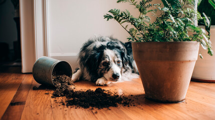 Fototapeta premium Español Dog sitting innocently next to tipped over plant with soil on floor, mischief and pet behavior concept