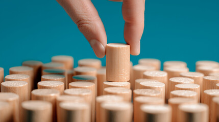 Hand picking up a peg from a pile of round pegs, concept of uniqueness and individuality