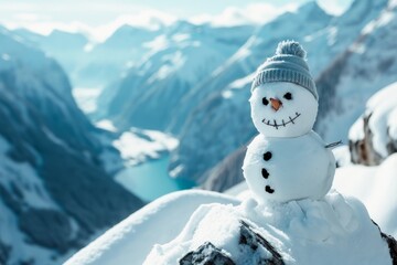 Charming snowman set against a majestic alpine mountain landscape in winter wonderland