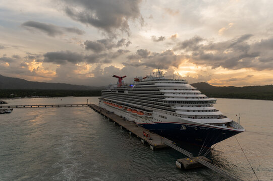 Carnival Vista at Sunset docked at the Amber Cove Cruise Terminal in the Dominican Republic 