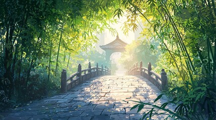 The stone bridge hidden under the shade of emerald bamboo