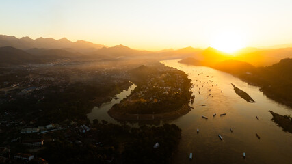 Drone aerial view of Luang Prabang an UNESCO World Heritage city in Laos.