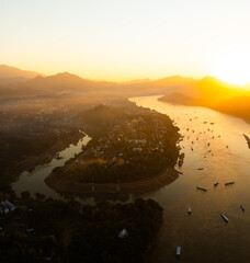Drone aerial view of Luang Prabang an UNESCO World Heritage city in Laos.