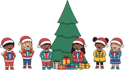 Cartoon children with Christmas gifts in front of decorated tree for festive holiday celebration, giving, and seasonal design themes.