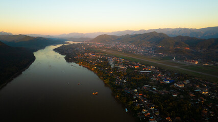 Drone aerial view of Luang Prabang an UNESCO World Heritage city in Laos.