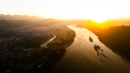 Drone aerial view of Luang Prabang an UNESCO World Heritage city in Laos.