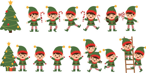 Cartoon Christmas elf character set with candy canes, ladder, and decorated trees for festive holiday design and storytelling themes.