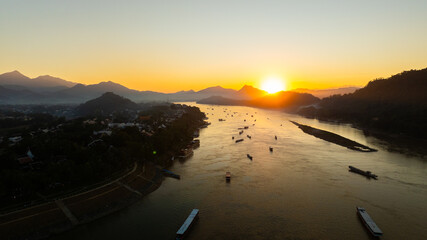 Drone aerial view of Luang Prabang an UNESCO World Heritage city in Laos.