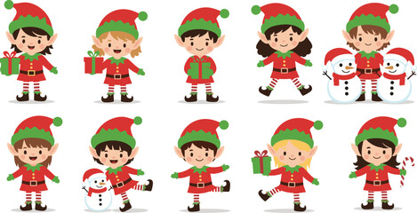 Cartoon Christmas elf character set with gifts, candy cane, and snowmen for festive holiday, decoration, and greeting themes.