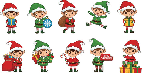 Cartoon Christmas elf character set with gifts, candy cane, ornament, sack, and festive poses for holiday design themes.