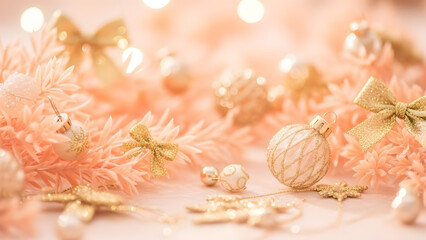 Elegant holiday background with golden ornaments bows and soft peach foliage creating a warm festive atmosphere