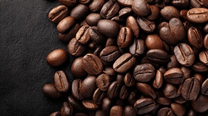 Obraz premium A close view of coffee beans scattered on a dark surface in a cafe. The beans exhibit different shapes and sizes. This scene captures the rich texture and color of the beans.