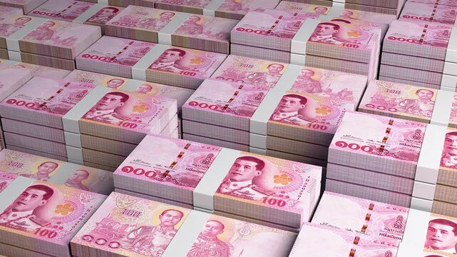 Thailand 100 Thai Baht Banknote Horizontal 3D Animation ? Financial Money Flow, Business and Banking Economy, Currency Exchange and Investment Concept