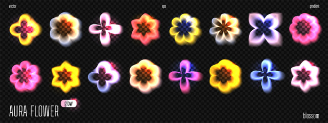 Y2k aesthetic design with soft gradient flowers and neon glow effect for summer sticker. Purple and yellow blurry shapes and abstract geometric element for retro poster or social media background