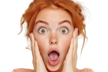 Astonished Young Woman with Freckles and Fiery Red Hair Expresses Shock and Surprise Against a Black Background, Capturing a Moment of Pure Emotion, png, isolated on transparent background