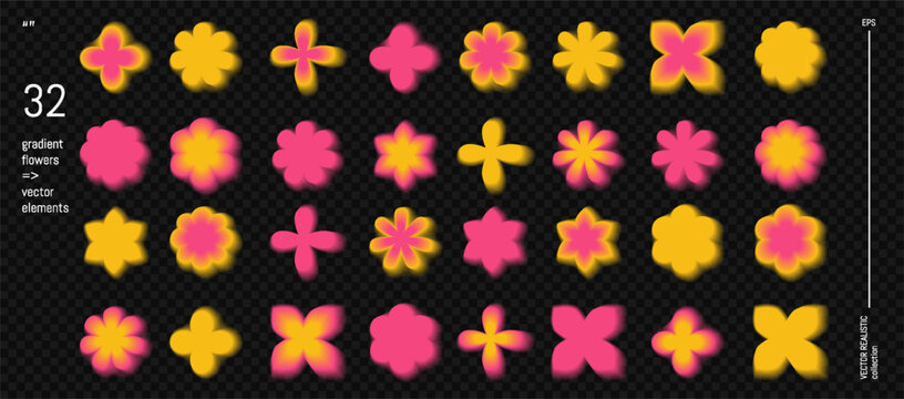 Gradient flower with y2k aura and abstract blur effect for aesthetic background. Unfocused pink blurry shape with soft fluid geometric form. Retro vector transparent sticker set for trendy poster.