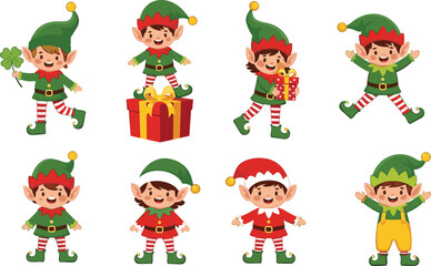 Cartoon Christmas elves with gifts in festive outfits, holiday celebration characters in colorful costumes for seasonal decoration and storytelling design