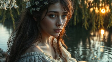 Ophelia in a melancholic reflective mood in a close-up portrait by the river against a sunset backdrop