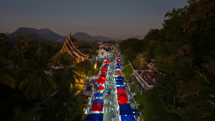 The night souvenir market in front of National museum of Luang Prabang, Laos.
