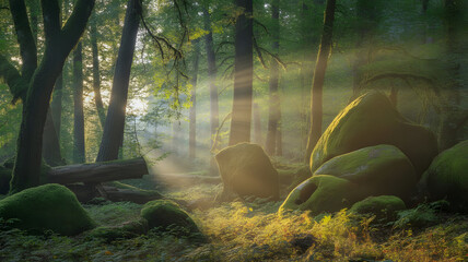 A sunlit forest scene reveals large moss covered boulders bathed in golden light with trees and foliage creating a mystical atmosphere