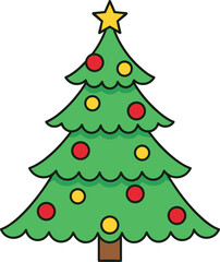 Decorated Tree, Lanterns with Candles, and Hanging Ornaments, Vector Illustration