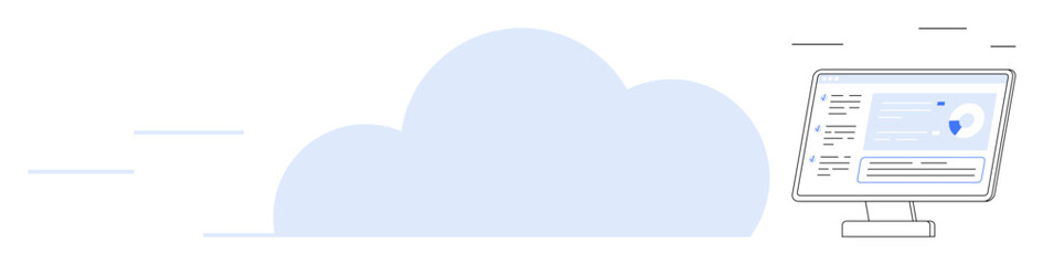 Cloud storage, data management, analytics, cybersecurity, digital network, remote work. Large cloud icon and computer screen displaying data insights. Cloud storage and data analytics concept