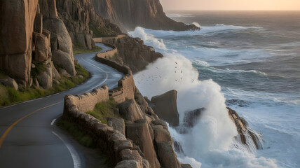 A winding coastal road hugs the rugged cliffs of the shoreline as powerful waves crash against the rocky landscape at sunset
