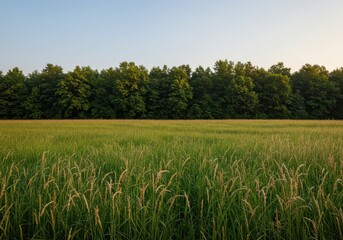 Beautiful natural boundary where an extensive woodland ecosystem transitions into a wide, peaceful field of green, tall grasses under clear sky, quiet, sky, natural