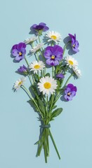 Obraz premium Charming pastel bouquet featuring delicate white daisies and soft lavender pansies arranged whimsically in natural light for a gentle spring feel ,white, pansy, daisies