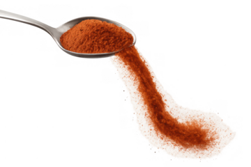 Spoon pouring red spice powder, seasoning cooking ingredient, adding flavor to healthy food recipe, transparent background