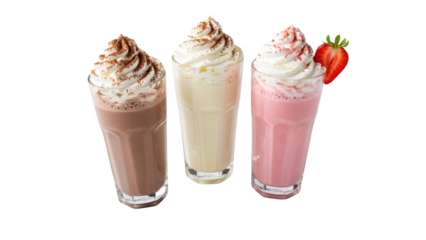 Three delicious milkshakes in glasses isolated on transparent background