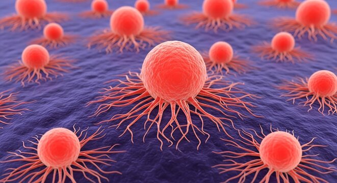 Invasive Cancer Cells Spreading Across Tissue Surface - 3D Scientific Illustration of Metastasis