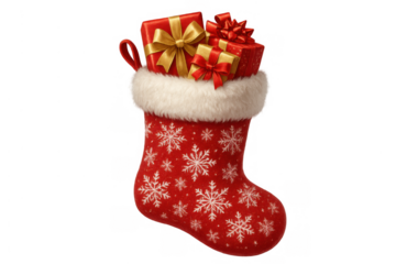 Red christmas stocking filled with holiday gifts and presents, bringing festive cheer and celebrating winter season, transparent background
