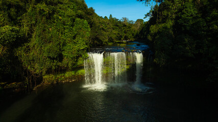 Zipline flights. Tad Fane waterfall in rainforest at Pakse and Champasak city Laos. Tour tourism and travel in Asia.