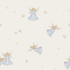 Seamless pattern with cute Christmas angel trumpets with light hair and blue dress. Hand drawn illustration repeat ornament with stars children's design and beige birds among.