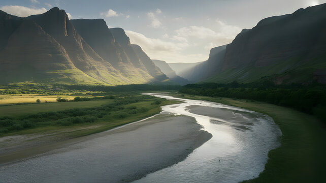 A breathtaking aerial view showcases a winding river flowing through a lush green valley surrounded by dramatic towering mountains under a cloudy sky - Powered by Adobe