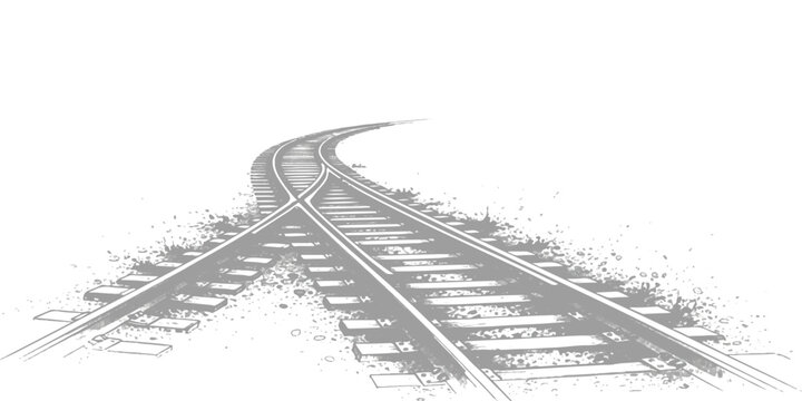 Curving railroad tracks in rural landscape