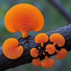 Fototapeta na wymiar Close up of orange honeycomb bracket fungi growing on a dark tree branch outdoors