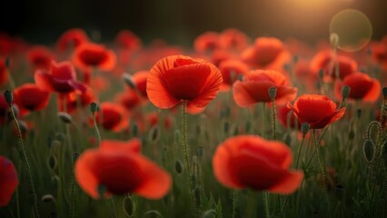 Fototapeta premium Field of Red Poppies at Sunset