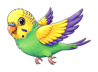 Cheerful cartoon budgerigar with colorful feathers is playfully flying with outstretched wings, showcasing its vibrant and adorable design.