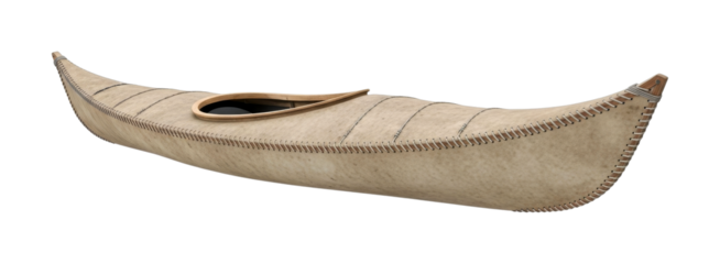 Traditional skin-on-frame kayak with intricate stitching and a beautifully crafted wooden cockpit, representing ancient watercraft and exploration.