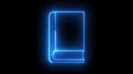 Animation with neon light effect of a closed book icon ,Electric blue neon outline of an open book on a black background glowing.