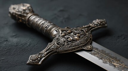 A sword with intricate designs rests on a dark surface. The hilt shows fine detailing and craftsmanship. This scene highlights the beauty of weaponry and artistry together.