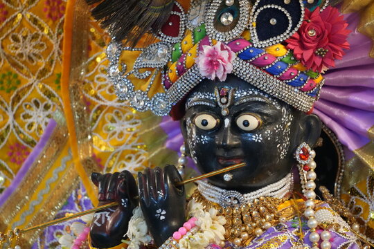 Close-up of Shri Radha Sneh Bihari Ji Idol in Vrindavan Temple